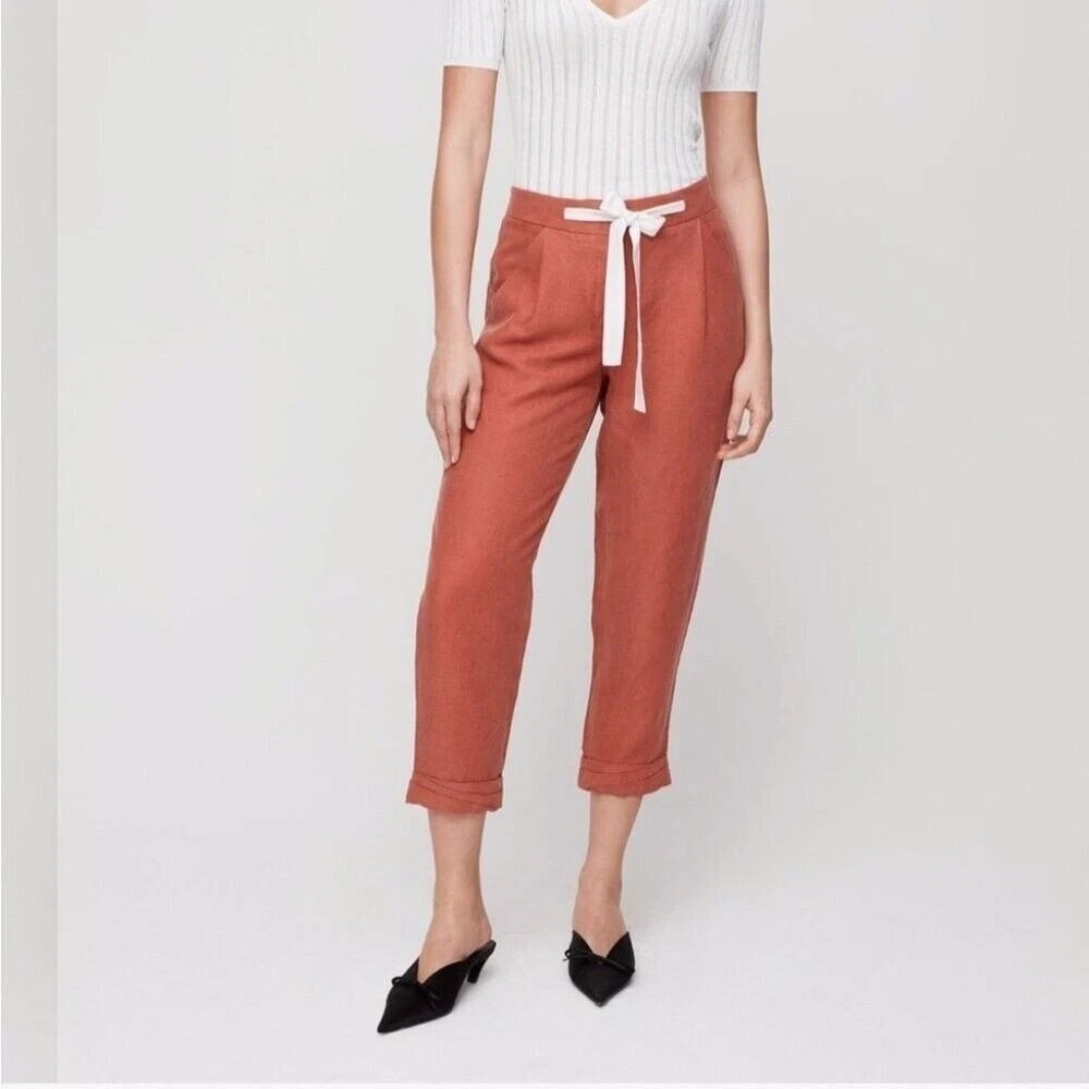 Aritzia Wilfred Allant Cropped Linen Pants Sz 2 Tie Waist Buttons Fly Rust Orang